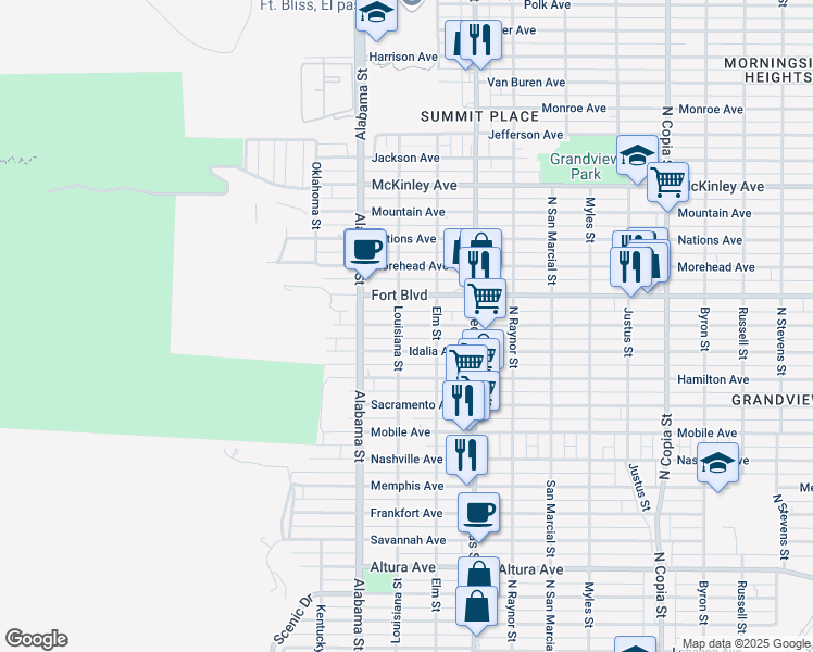 map of restaurants, bars, coffee shops, grocery stores, and more near 2702 Porter Avenue in El Paso