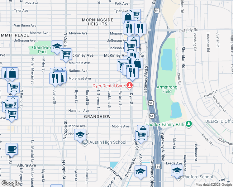 map of restaurants, bars, coffee shops, grocery stores, and more near 3804 Porter Avenue in El Paso