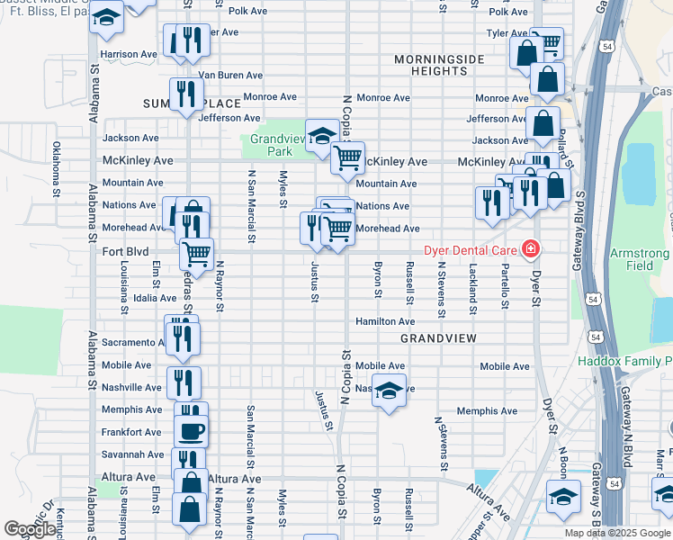 map of restaurants, bars, coffee shops, grocery stores, and more near 3331 Idalia Avenue in El Paso