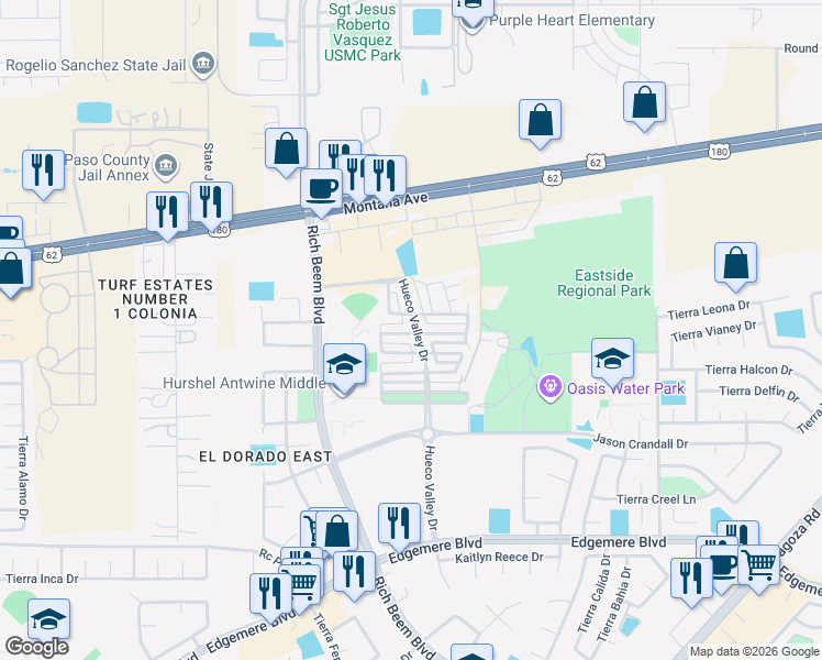 map of restaurants, bars, coffee shops, grocery stores, and more near 3917 Hueco Valley Drive in El Paso