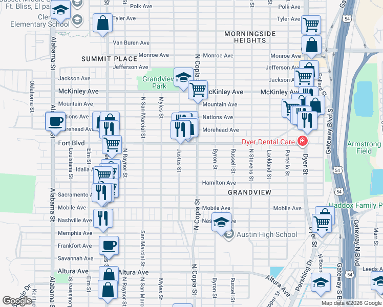 map of restaurants, bars, coffee shops, grocery stores, and more near 3331 Idalia Avenue in El Paso