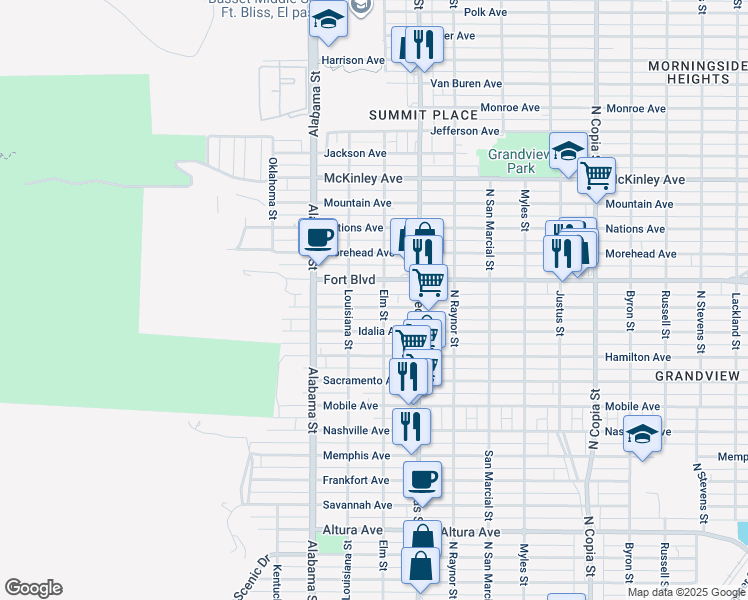 map of restaurants, bars, coffee shops, grocery stores, and more near 2702 Porter Avenue in El Paso