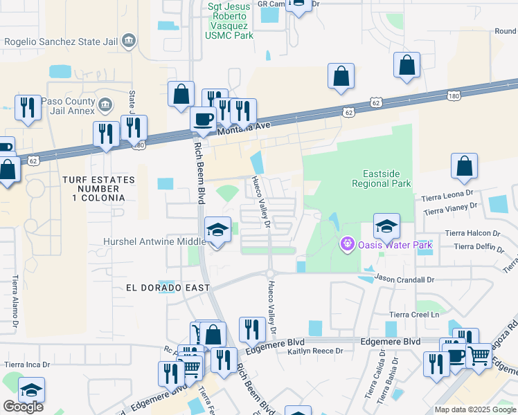 map of restaurants, bars, coffee shops, grocery stores, and more near 4001 Hueco Valley Drive in El Paso
