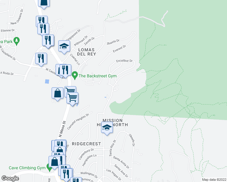 map of restaurants, bars, coffee shops, grocery stores, and more near 299 Vaquero Lane in El Paso