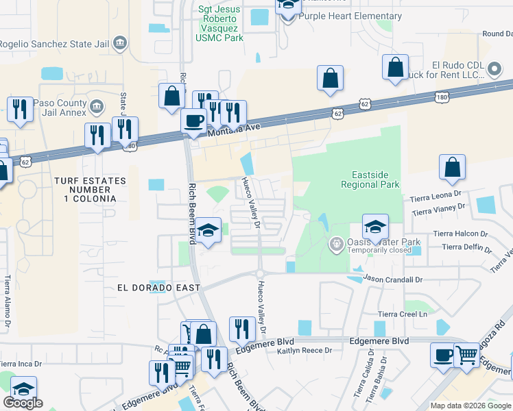 map of restaurants, bars, coffee shops, grocery stores, and more near 4004 Hueco Valley Drive in El Paso
