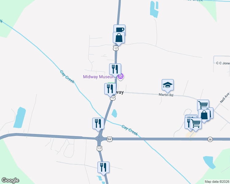 map of restaurants, bars, coffee shops, grocery stores, and more near in Midway