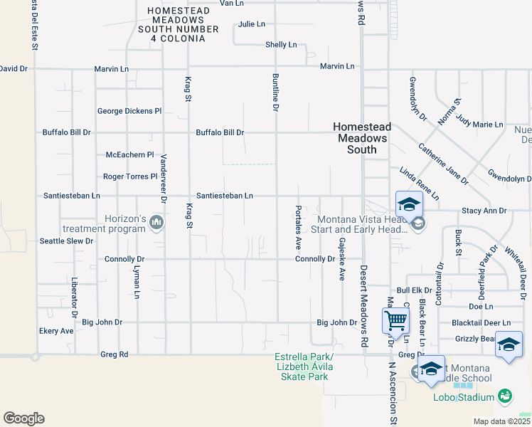 map of restaurants, bars, coffee shops, grocery stores, and more near 3697 Buntline Drive in El Paso