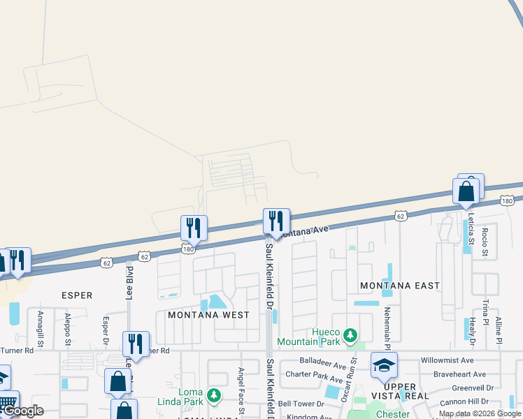 map of restaurants, bars, coffee shops, grocery stores, and more near 11701 Montana Avenue in El Paso