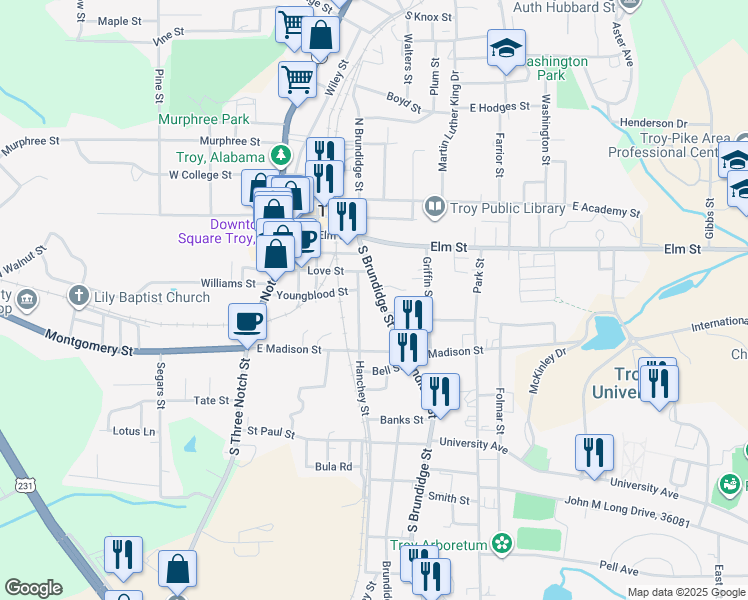 map of restaurants, bars, coffee shops, grocery stores, and more near 100-398 Dunn Circle in Troy