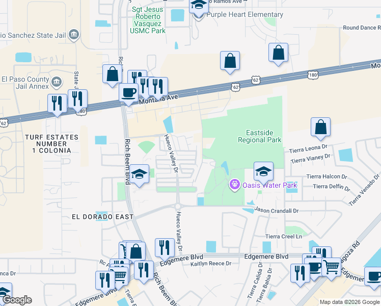 map of restaurants, bars, coffee shops, grocery stores, and more near 12936 Hueco Hill Drive in El Paso