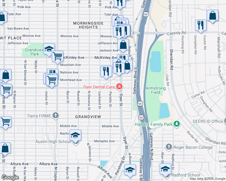 map of restaurants, bars, coffee shops, grocery stores, and more near 3907 Fort Boulevard in El Paso