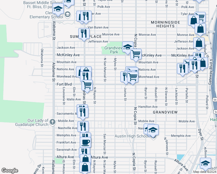 map of restaurants, bars, coffee shops, grocery stores, and more near in El Paso