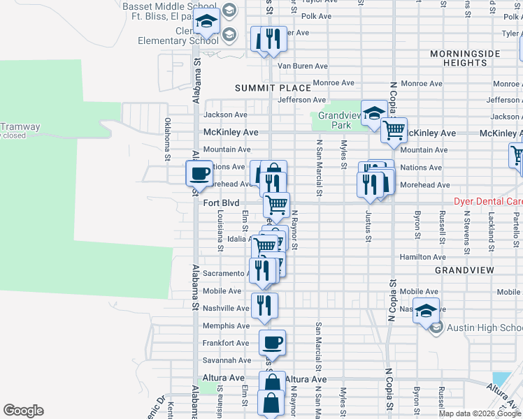 map of restaurants, bars, coffee shops, grocery stores, and more near 2813 Fort Boulevard in El Paso