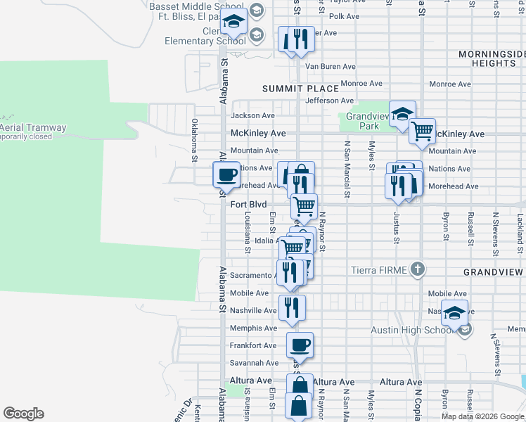 map of restaurants, bars, coffee shops, grocery stores, and more near 2703 Fort Boulevard in El Paso
