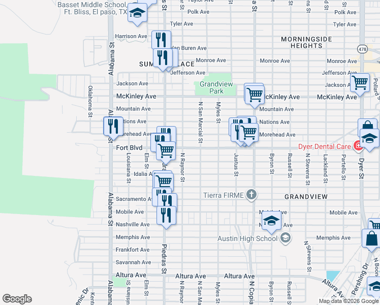 map of restaurants, bars, coffee shops, grocery stores, and more near 3006 Fort Boulevard in El Paso