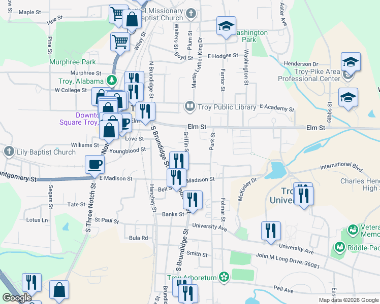 map of restaurants, bars, coffee shops, grocery stores, and more near 200-216 Griffin Street in Troy