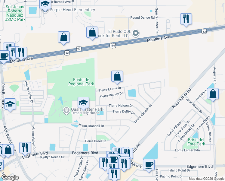 map of restaurants, bars, coffee shops, grocery stores, and more near 14065 Tierra Leona Drive in El Paso
