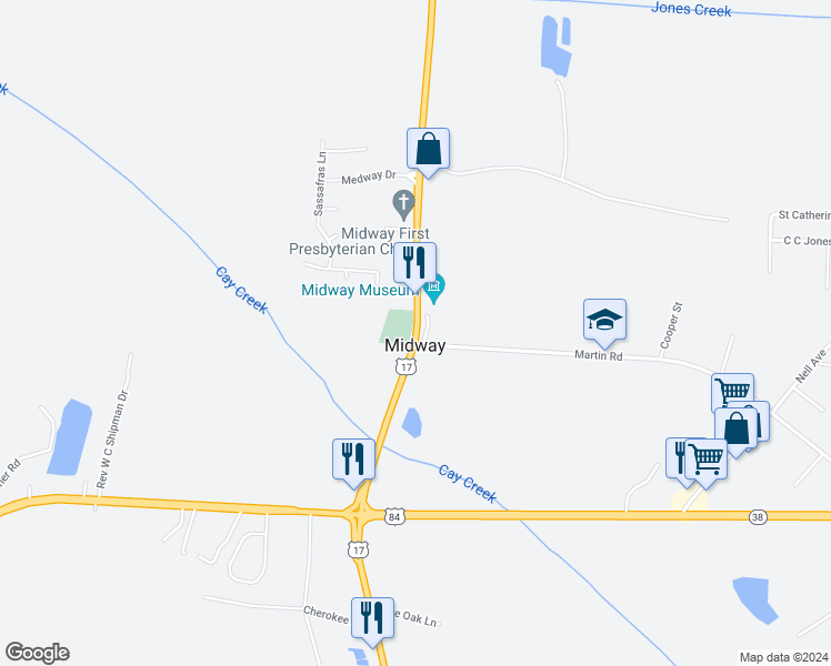 map of restaurants, bars, coffee shops, grocery stores, and more near in Midway