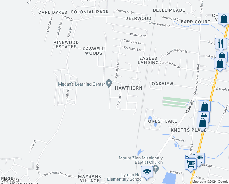 map of restaurants, bars, coffee shops, grocery stores, and more near 1203 Innisbrook Court in Hinesville