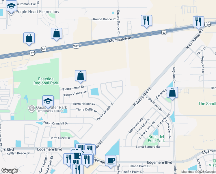 map of restaurants, bars, coffee shops, grocery stores, and more near 4108 Tierra Patino Lane in El Paso