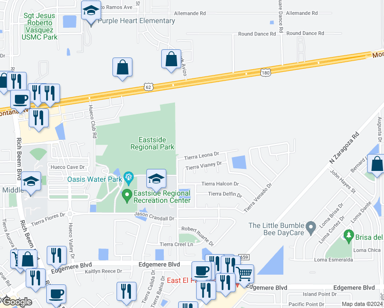 map of restaurants, bars, coffee shops, grocery stores, and more near 14029 Tierra Leona Drive in El Paso