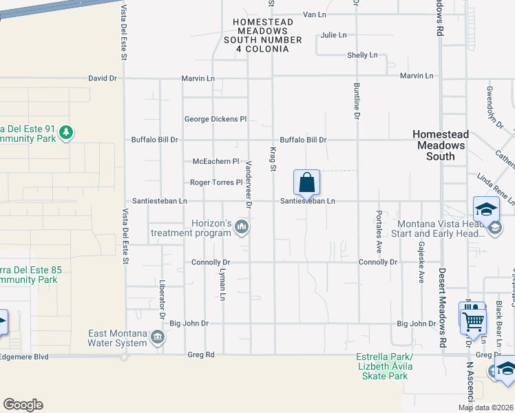 map of restaurants, bars, coffee shops, grocery stores, and more near 3698 Vanderveer Drive in El Paso