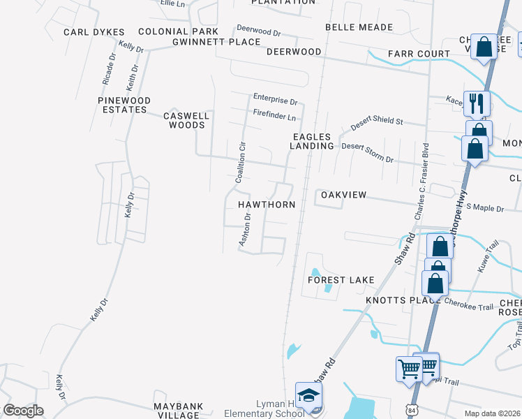map of restaurants, bars, coffee shops, grocery stores, and more near 1569 Pendleton Drive in Hinesville