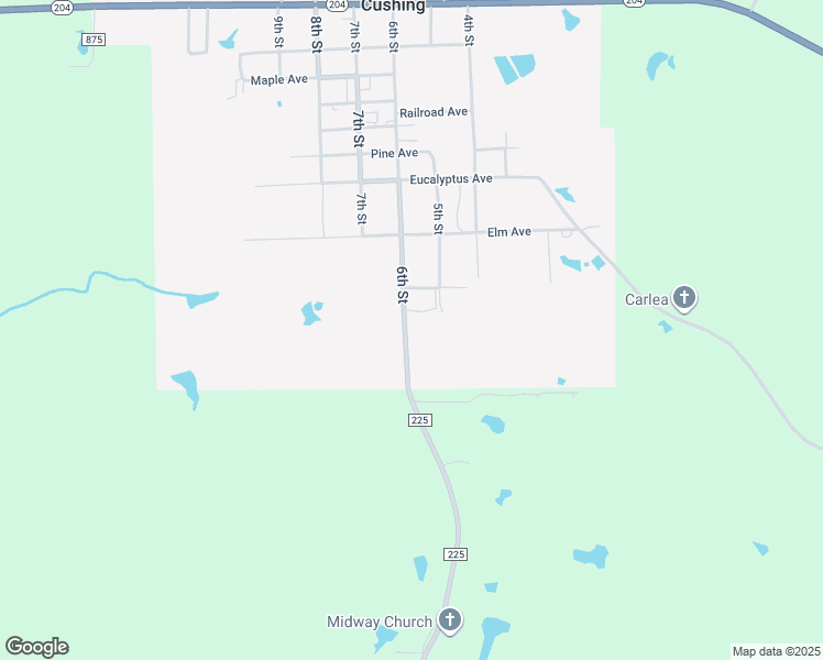 map of restaurants, bars, coffee shops, grocery stores, and more near 120 6th Street in Cushing