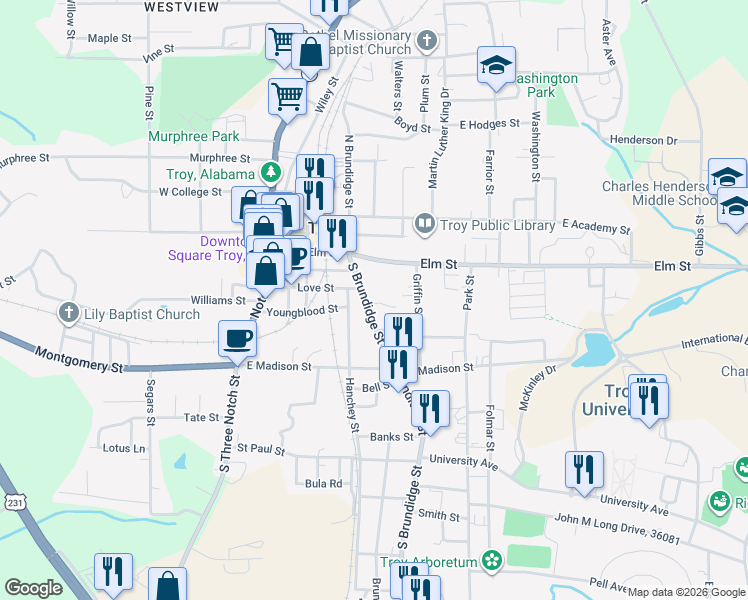 map of restaurants, bars, coffee shops, grocery stores, and more near 100-398 Dunn Circle in Troy