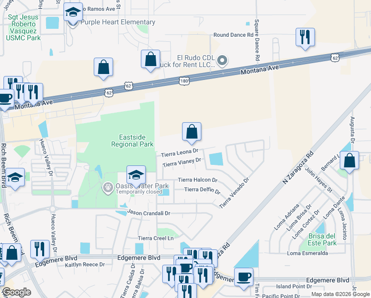 map of restaurants, bars, coffee shops, grocery stores, and more near 14065 Tierra Leona Drive in El Paso