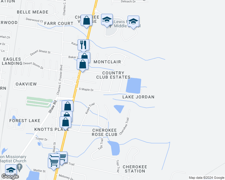 map of restaurants, bars, coffee shops, grocery stores, and more near 1110 Hickory Street in Hinesville