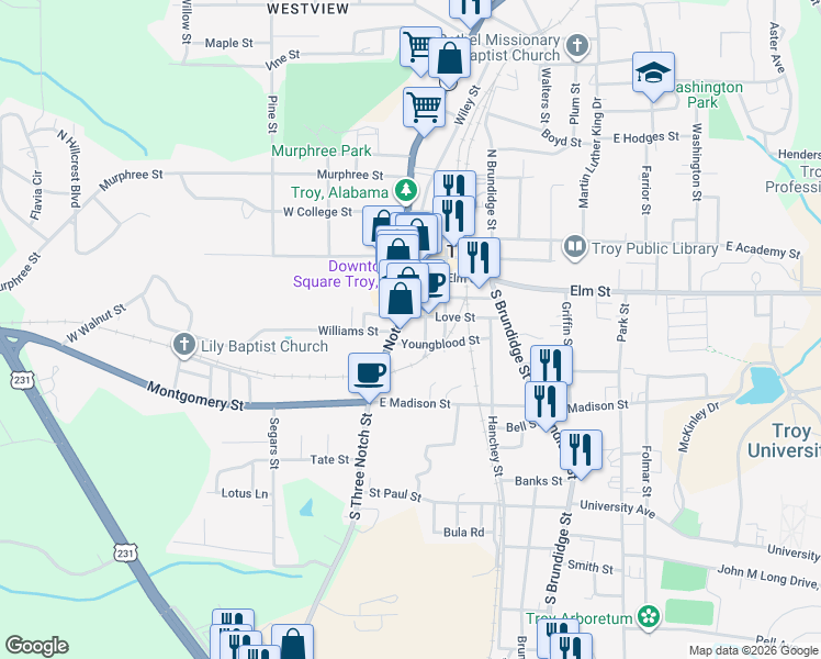 map of restaurants, bars, coffee shops, grocery stores, and more near 212 South 3 Notch Street in Troy