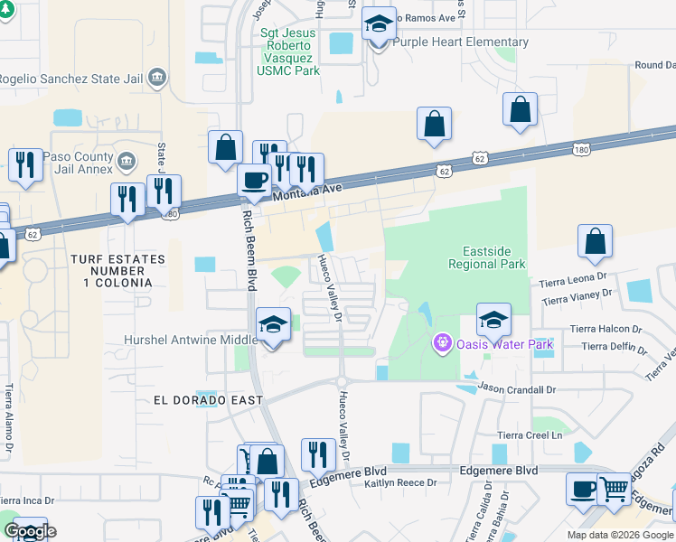 map of restaurants, bars, coffee shops, grocery stores, and more near 4024 Hueco Valley Drive in El Paso
