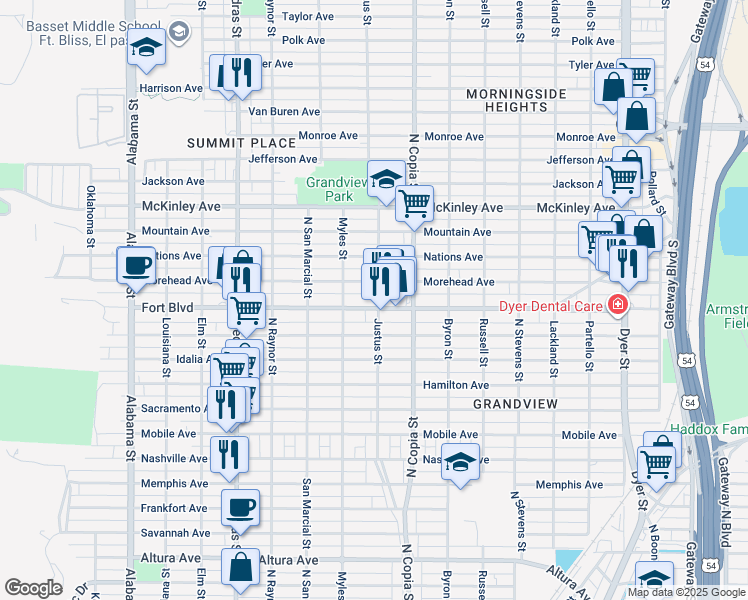 map of restaurants, bars, coffee shops, grocery stores, and more near 3307 Fort Boulevard in El Paso