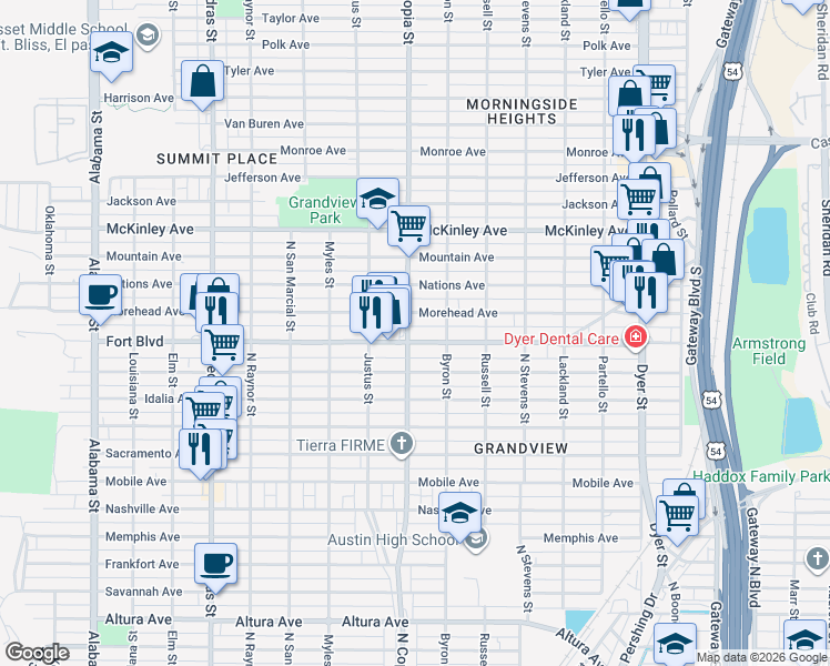map of restaurants, bars, coffee shops, grocery stores, and more near 3401 Fort Blvd in El Paso