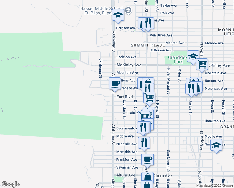 map of restaurants, bars, coffee shops, grocery stores, and more near 2609 Fort Boulevard in El Paso