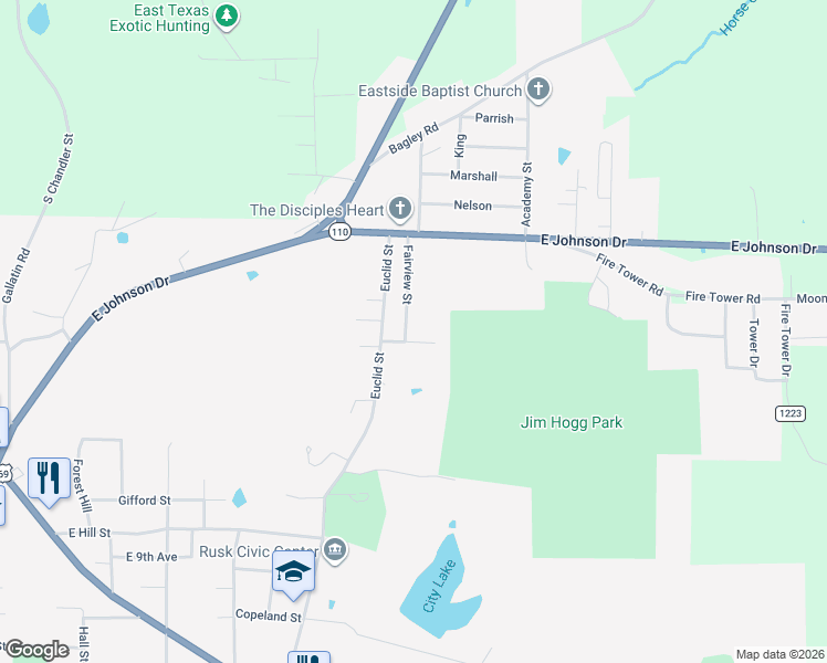 map of restaurants, bars, coffee shops, grocery stores, and more near 327 Fairview Street in Rusk