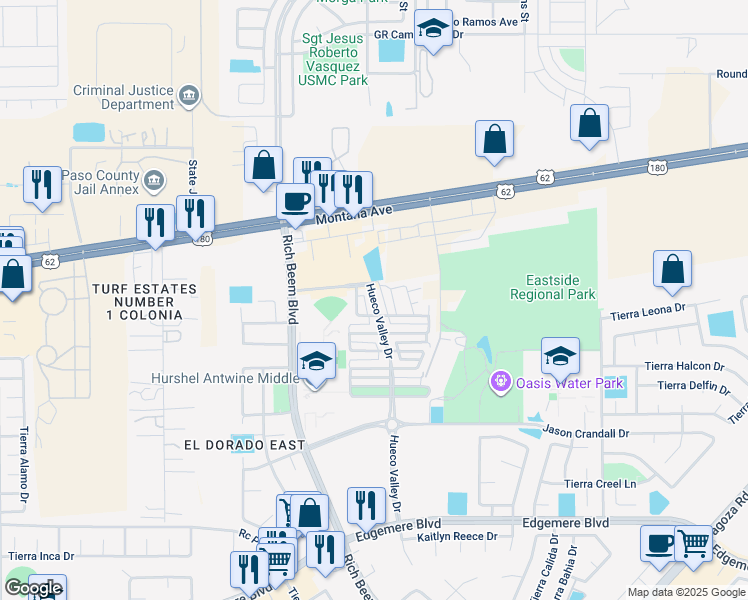 map of restaurants, bars, coffee shops, grocery stores, and more near 4024 Hueco Valley Drive in El Paso