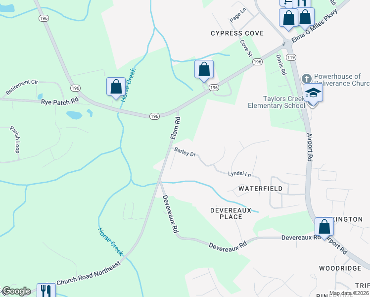 map of restaurants, bars, coffee shops, grocery stores, and more near 1044 Barley Drive in Hinesville