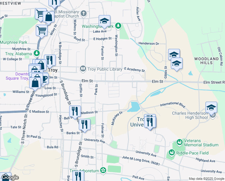 map of restaurants, bars, coffee shops, grocery stores, and more near 601 Elm Street in Troy