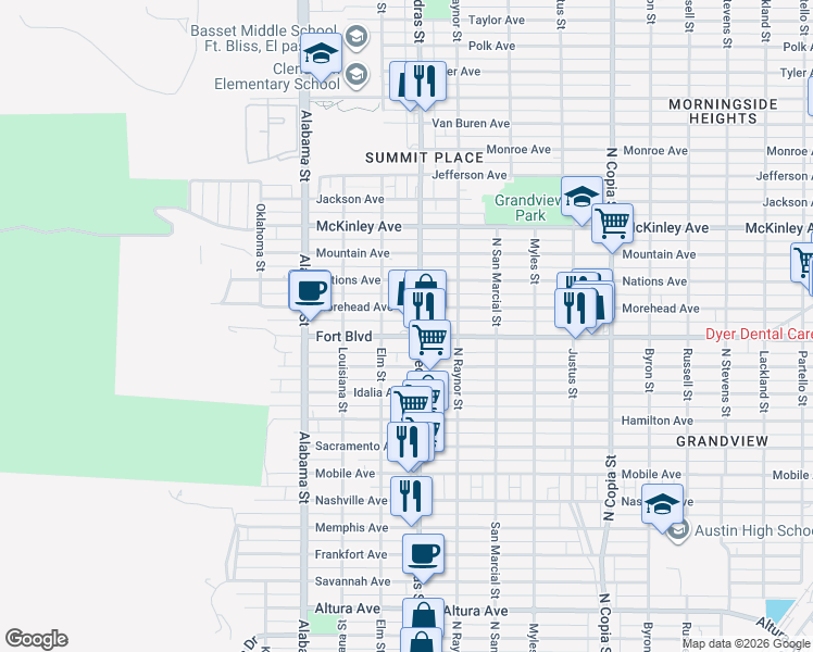 map of restaurants, bars, coffee shops, grocery stores, and more near 2813 Fort Boulevard in El Paso