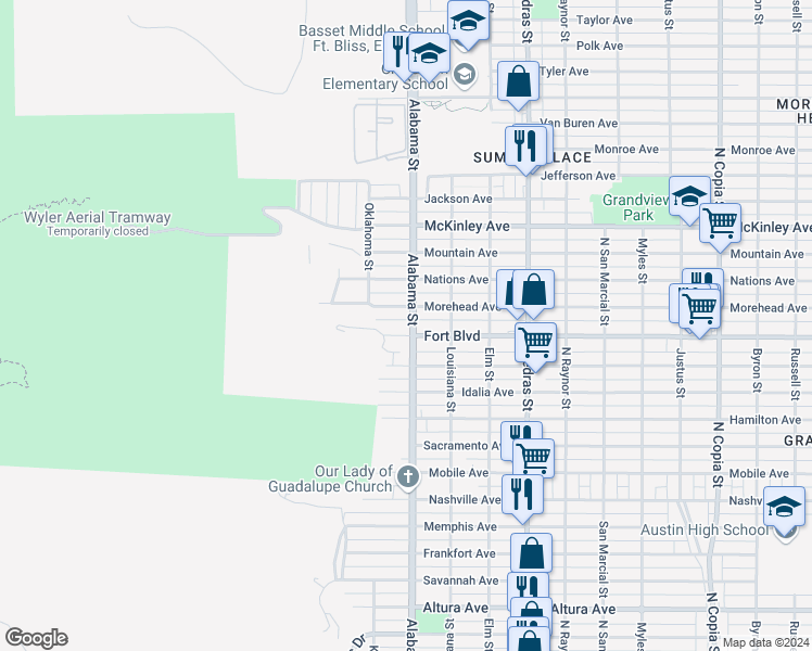 map of restaurants, bars, coffee shops, grocery stores, and more near 2609 Fort Boulevard in El Paso