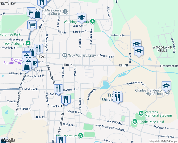 map of restaurants, bars, coffee shops, grocery stores, and more near 601 Elm Street in Troy