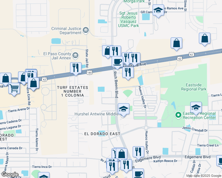 map of restaurants, bars, coffee shops, grocery stores, and more near 4060 Tuscan Rose Lane in El Paso