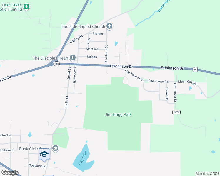 map of restaurants, bars, coffee shops, grocery stores, and more near in Rusk