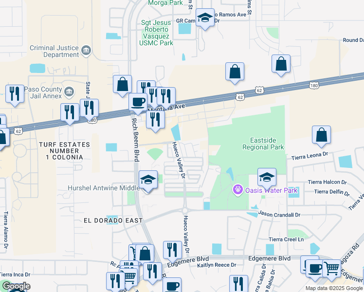 map of restaurants, bars, coffee shops, grocery stores, and more near 4024 Hueco Valley Drive in El Paso
