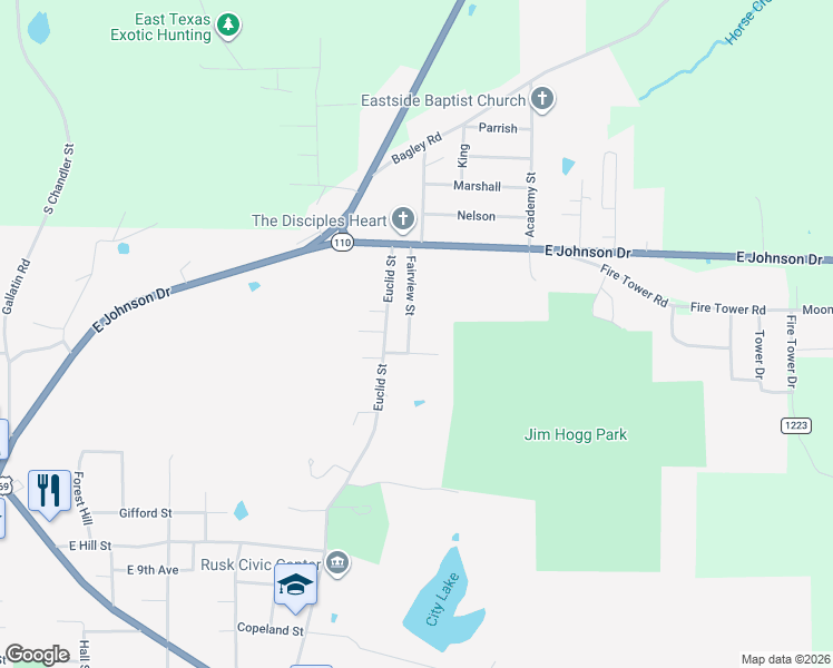 map of restaurants, bars, coffee shops, grocery stores, and more near 327 Fairview Street in Rusk