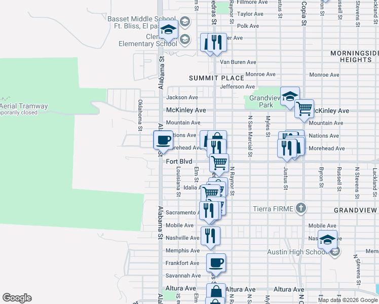 map of restaurants, bars, coffee shops, grocery stores, and more near 2703 Fort Boulevard in El Paso