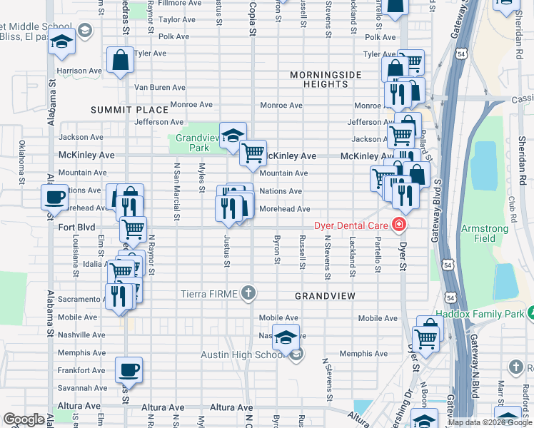 map of restaurants, bars, coffee shops, grocery stores, and more near 3401 Fort Boulevard in El Paso