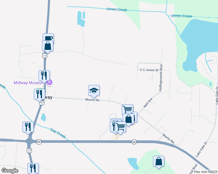map of restaurants, bars, coffee shops, grocery stores, and more near 508 Martin Road in Midway